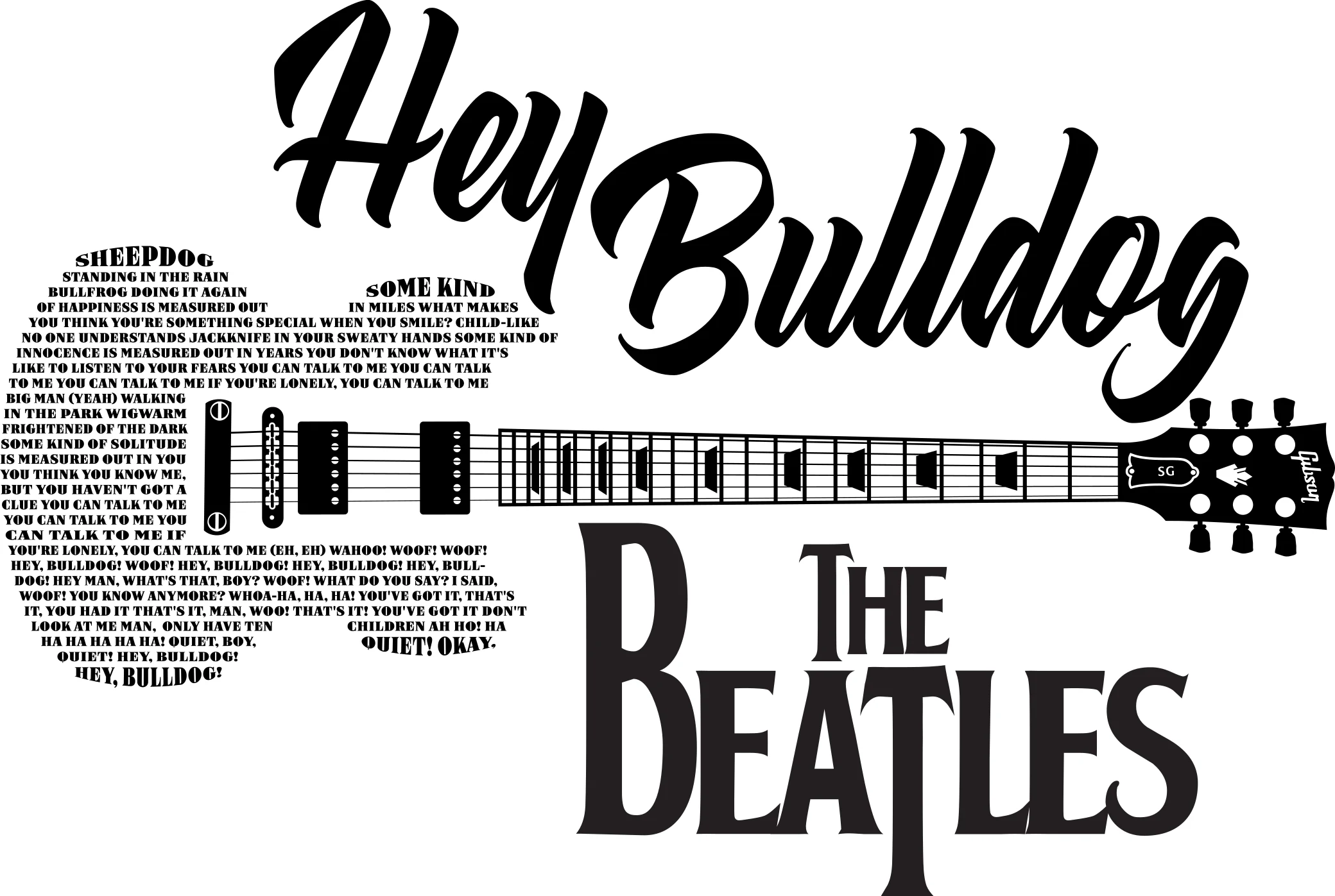 Hey Bulldog finished Double-cut electric lyric-art example